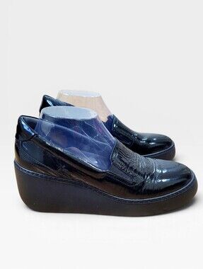 FLY LONDON Deca Black Patent Leather Slip On Wedge Loafers EU 40 US 9